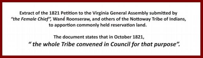 Caption: Extract of the 1821 Petition to the Virginia General Assembly submitted by 'the Female Chief', Wané Roonseraw, and others of the Nottoway Tribe of Indians, to apportion commonly held reservation land.