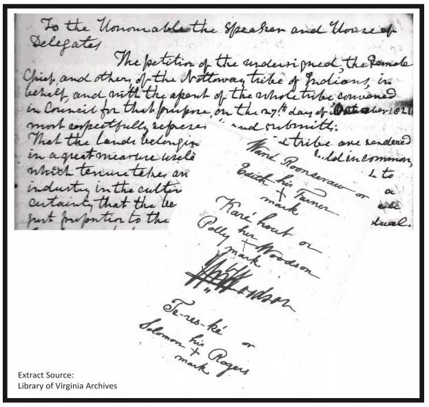 Handwritten extract of the 1821 petition of the Nottoway Tribe to the Virginia General Assembly, signed with the marks of Wané Roonseraw (Edith Turner), Polly Woodson and Solomon Rogers